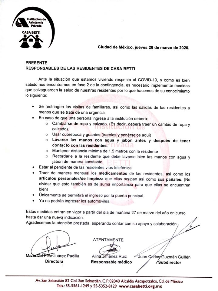 Comunicado de Casa Betti por fase2 del covid-19